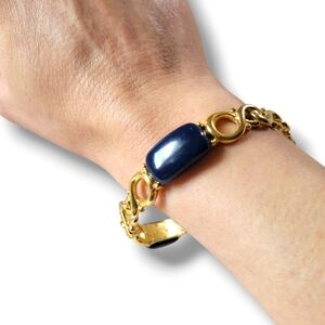 Pretty Gold Tone Chain Bracelet with Navy Blue Stones